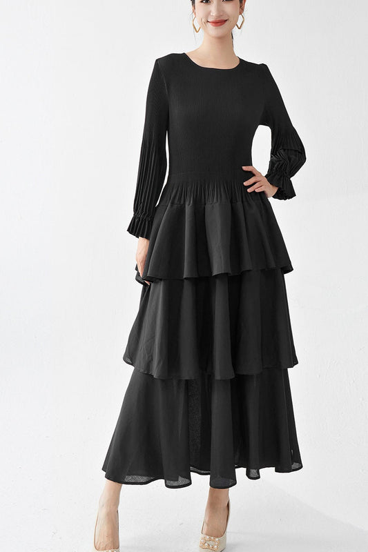Pleats Please Long-Sleeve A-Line Dress – Elegant Layered Cake Pleated Maxi