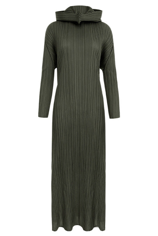 Pleated Hooded A-Line Dress – Solid Color Slim Long Sleeve Winter Style