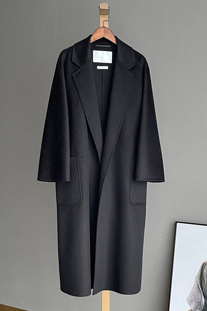 Max Mara Style Wool Wrap Drape Coat – Reversible Water-Ripple Cashmere Design