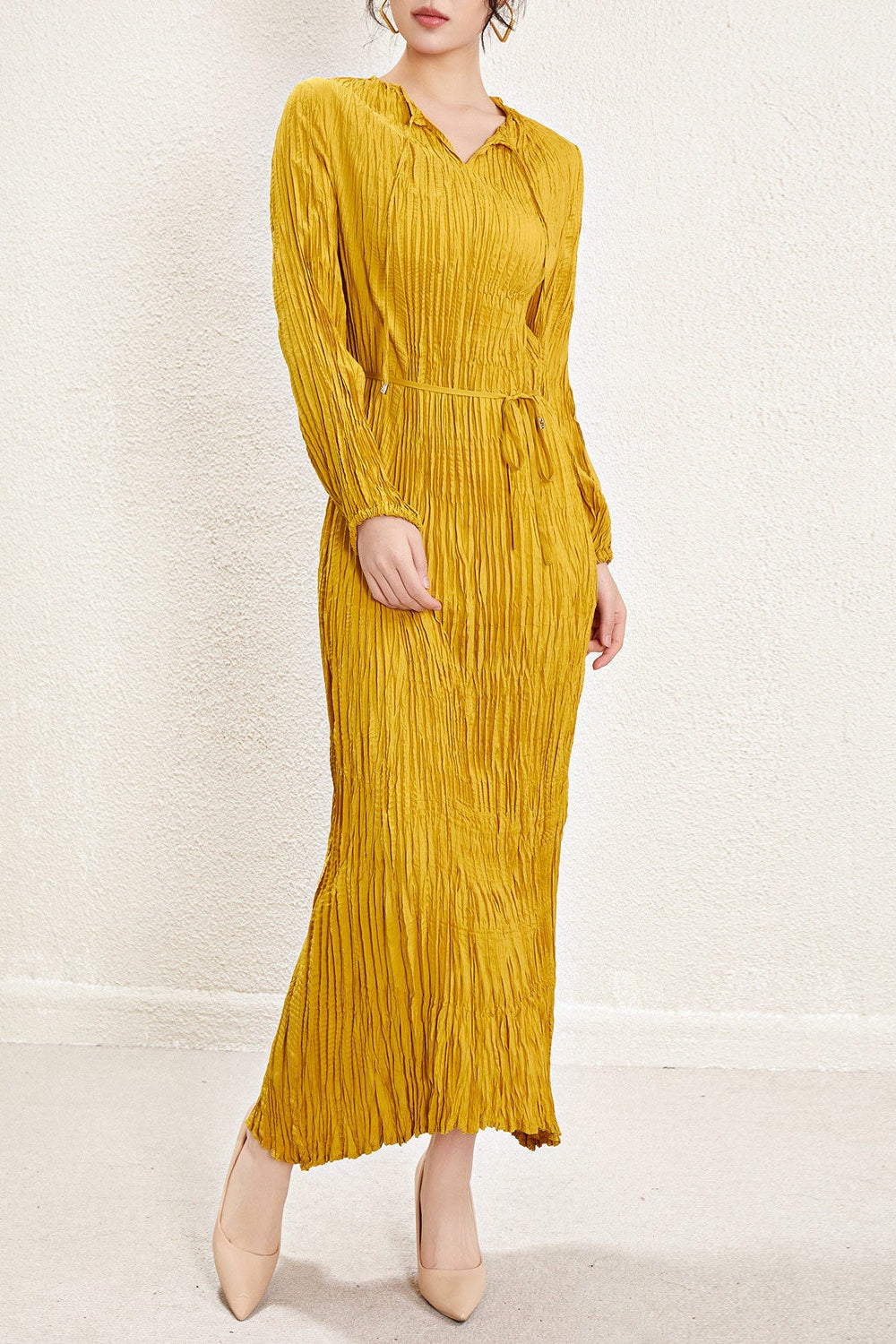 Pleats Please Irregular Pleated Dress – Long-Sleeve Cinched-Waist Elegant Style