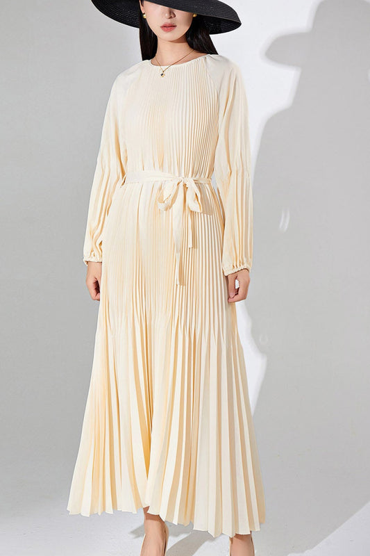 Pleats Please Solid Color Maxi Dress – Lace-Up Waist Elegant Pleated Long Dress