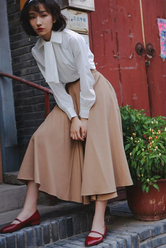 Audrey Hepburn Roman Holiday Retro 1:1 Dress Set – French Vintage White Blouse & 360° Full Flared Skirt Two-Piece Outfit