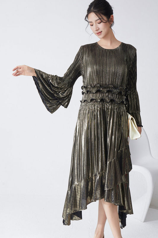 Pleats Please Flared Sleeve A-Line Dress – Irregular Hem Pleated Autumn Winter Style