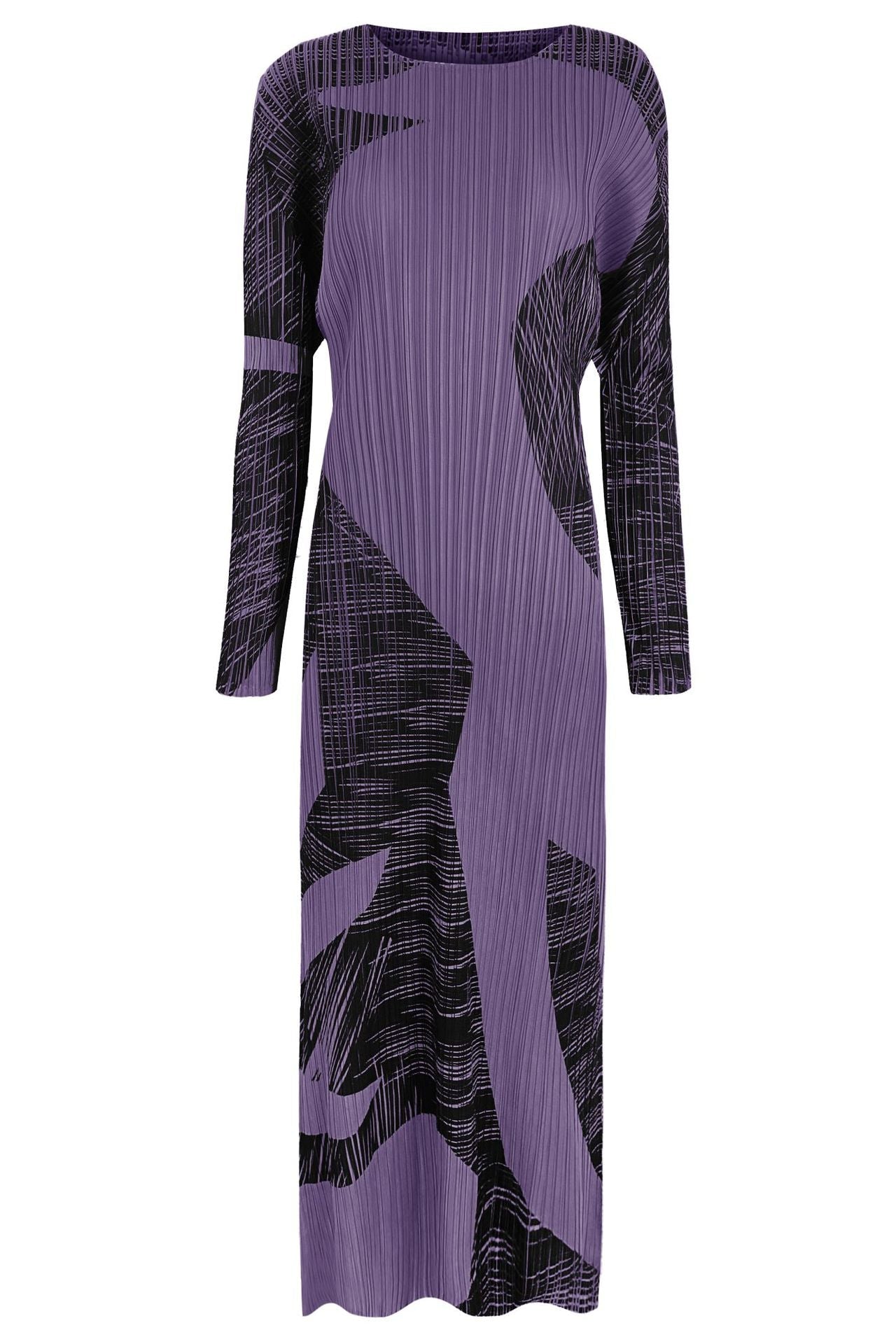 Pleated Gentle Print A-Line Dress – Slim Long Sleeve Elegant Style