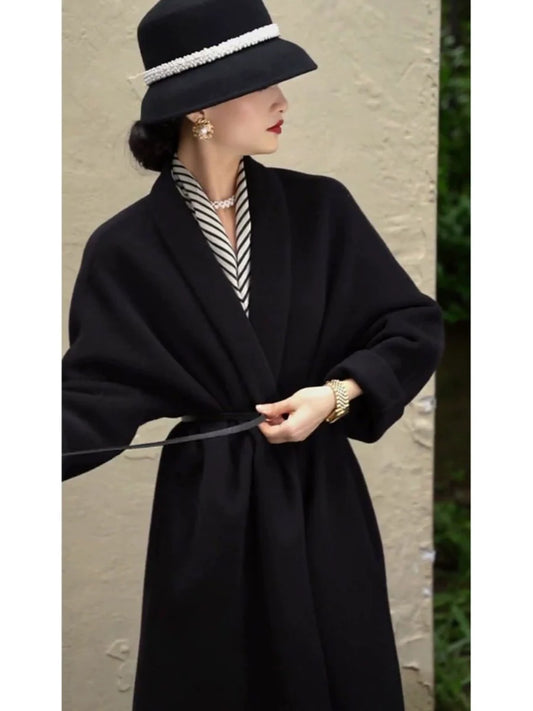 Black woolen coat jacket women's autumn and winter high-end Korean wear retro long Hepburn French waist European goods