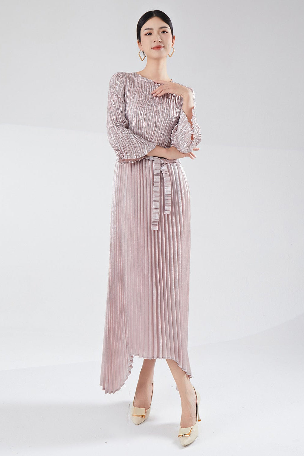 Pleats Please Irregular Bronzing Maxi Dress – Elegant Lace-Up Pleated Long Dress