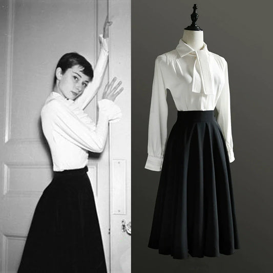 Audrey Hepburn Style Midi Skirt – Umbrella Skirt Black Elegant Skirt Set for Evening and Formal Occasion