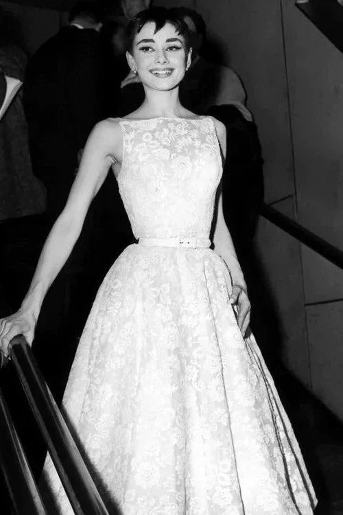 Refined Audrey Hepburn Inspired Oscar Dress – Custom White Lace Off-Shoulder Gown with Classic Elegance