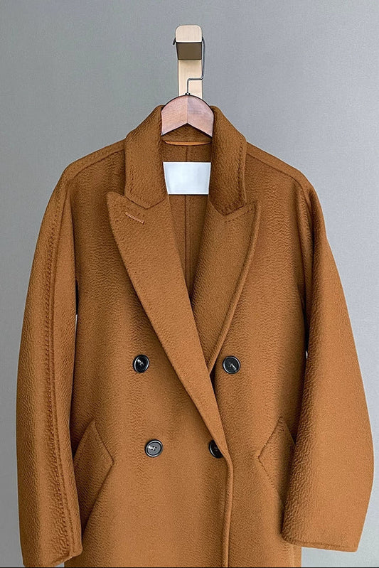 Max Mara Style Double-Breasted Cashmere Wool Coat | Long Water-Corrugated Texture