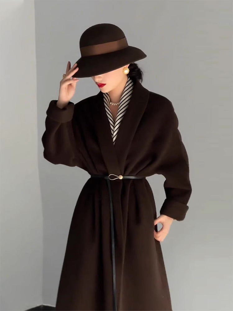 Black woolen coat jacket women's autumn and winter high-end Korean wear retro long Hepburn French waist European goods