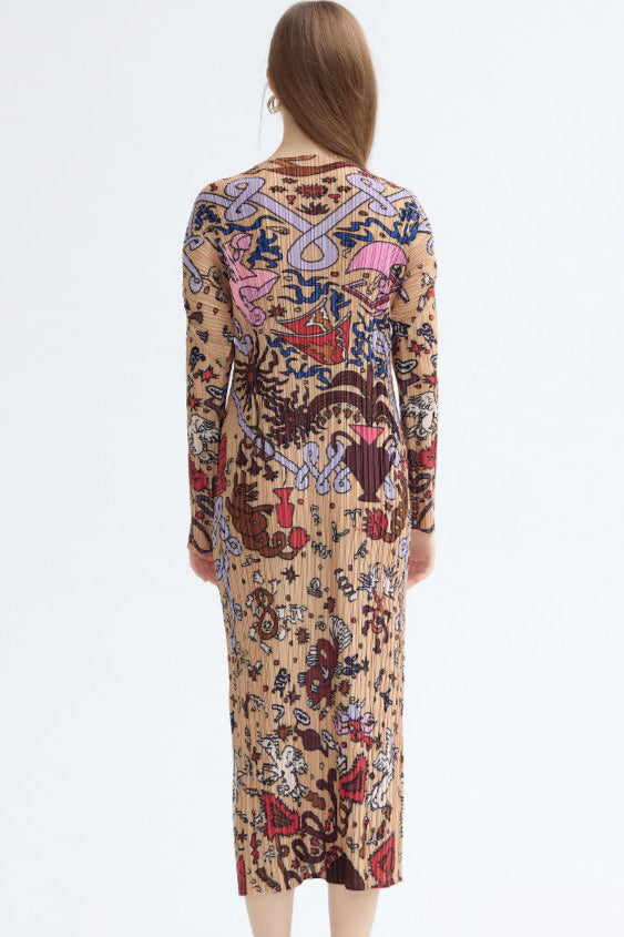 Pleated Printed Maxi Dress – Elegant Loose Long Sleeve Style