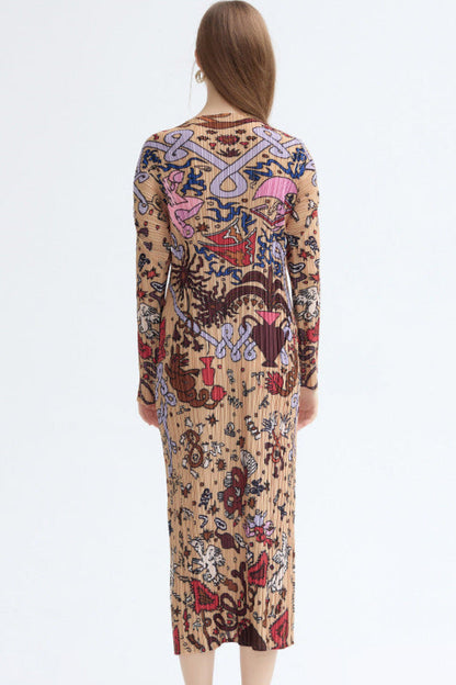 Pleated Printed Maxi Dress – Elegant Loose Long Sleeve Style