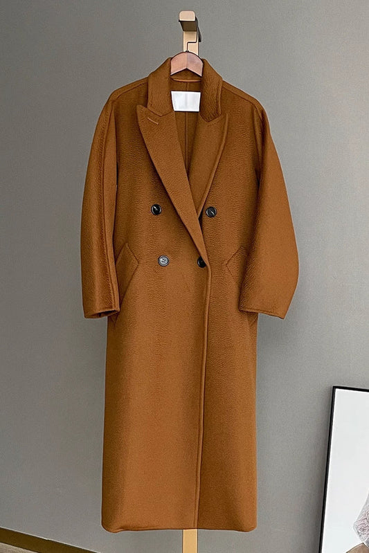 Max Mara Style Double-Breasted Cashmere Wool Coat | Long Water-Corrugated Texture