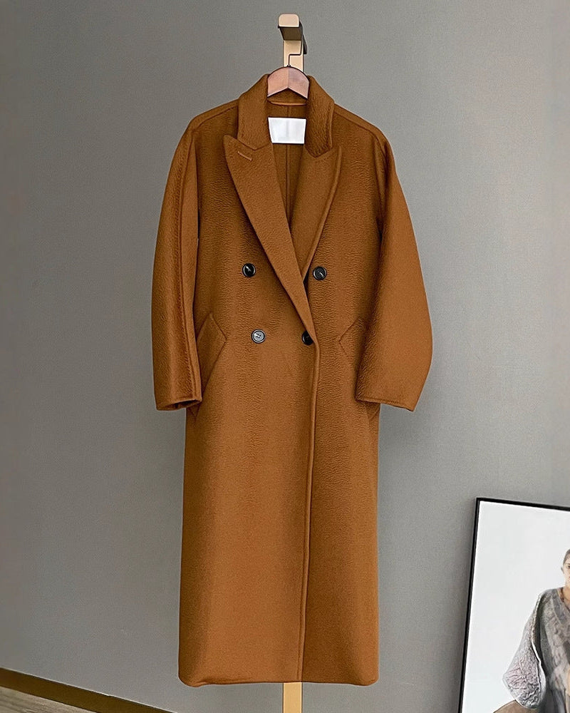 Max Mara Style Double-Breasted Cashmere Wool Coat | Long Water-Corrugated Texture