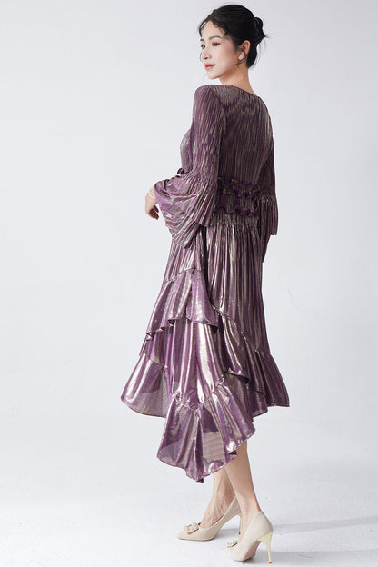 Pleats Please Flared Sleeve A-Line Dress – Irregular Hem Pleated Autumn Winter Style