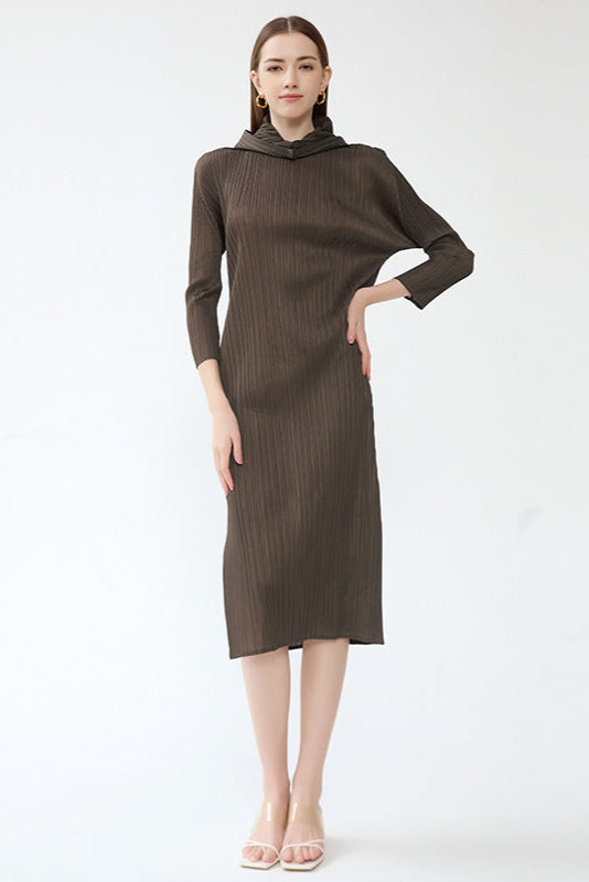 Pleated Hooded A-Line Dress – Solid Color Slim Long Sleeve Winter Style