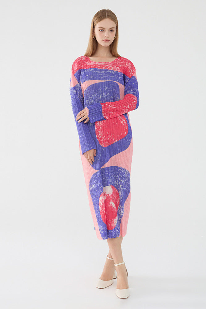 Pleated Vintage Circle Print Midi Dress – Slim Long Sleeve Round Neck