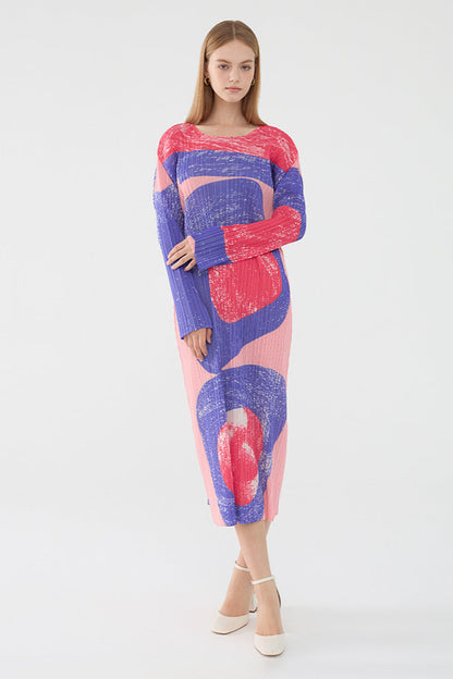 Pleated Vintage Circle Print Midi Dress – Slim Long Sleeve Round Neck