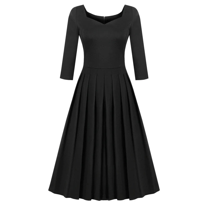 2025 Autumn Hepburn-Style Black Knee-Length Dress – High-Waist A-Line Square Neck Cocktail Dress