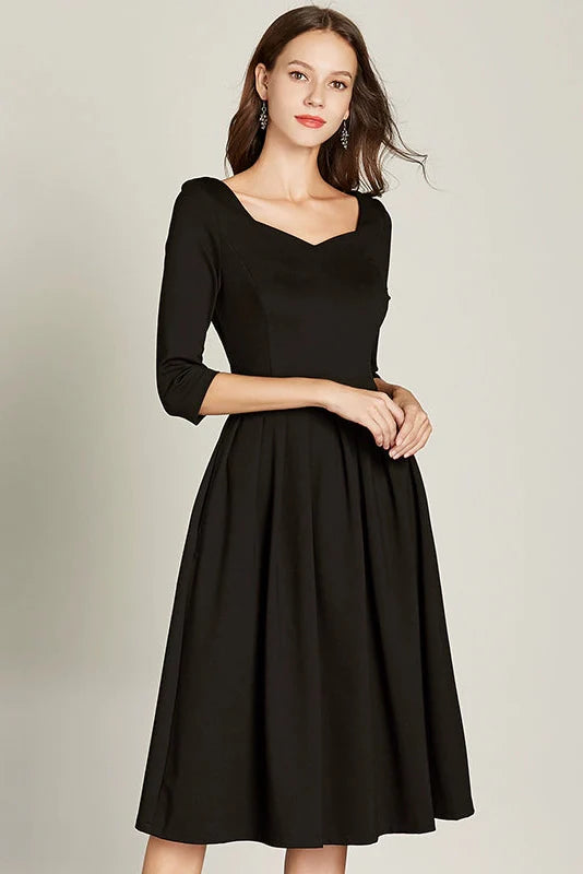 2025 Autumn Hepburn-Style Black Knee-Length Dress – High-Waist A-Line Square Neck Cocktail Dress