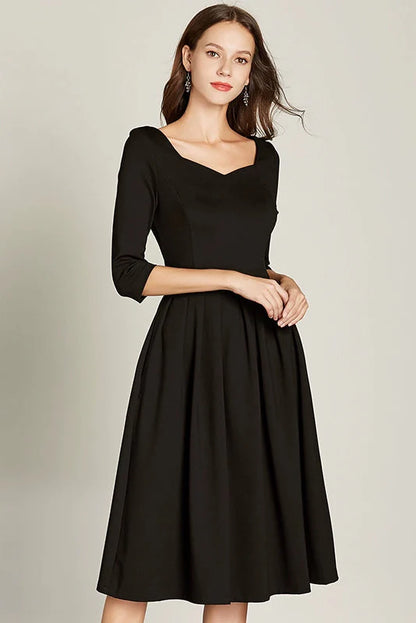 2025 Autumn Hepburn-Style Black Knee-Length Dress – High-Waist A-Line Square Neck Cocktail Dress