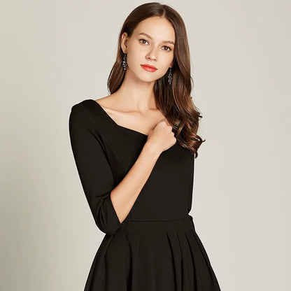 2025 Autumn Hepburn-Style Black Knee-Length Dress – High-Waist A-Line Square Neck Cocktail Dress
