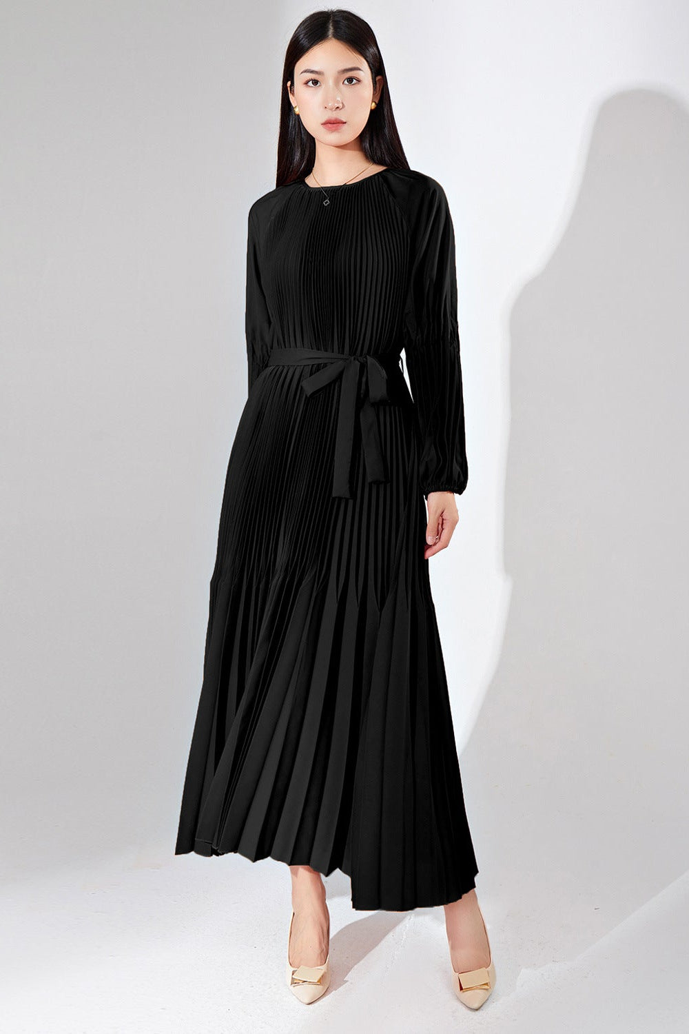 Pleats Please Solid Color Maxi Dress – Lace-Up Waist Elegant Pleated Long Dress