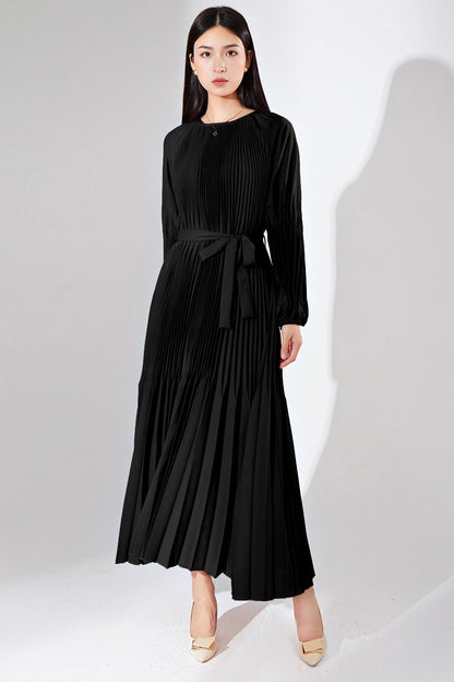 Pleats Please Solid Color Maxi Dress – Lace-Up Waist Elegant Pleated Long Dress