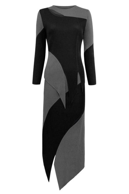 Pleated Two-Piece Suit – Contrast Slim Top and Irregular Skirt Set