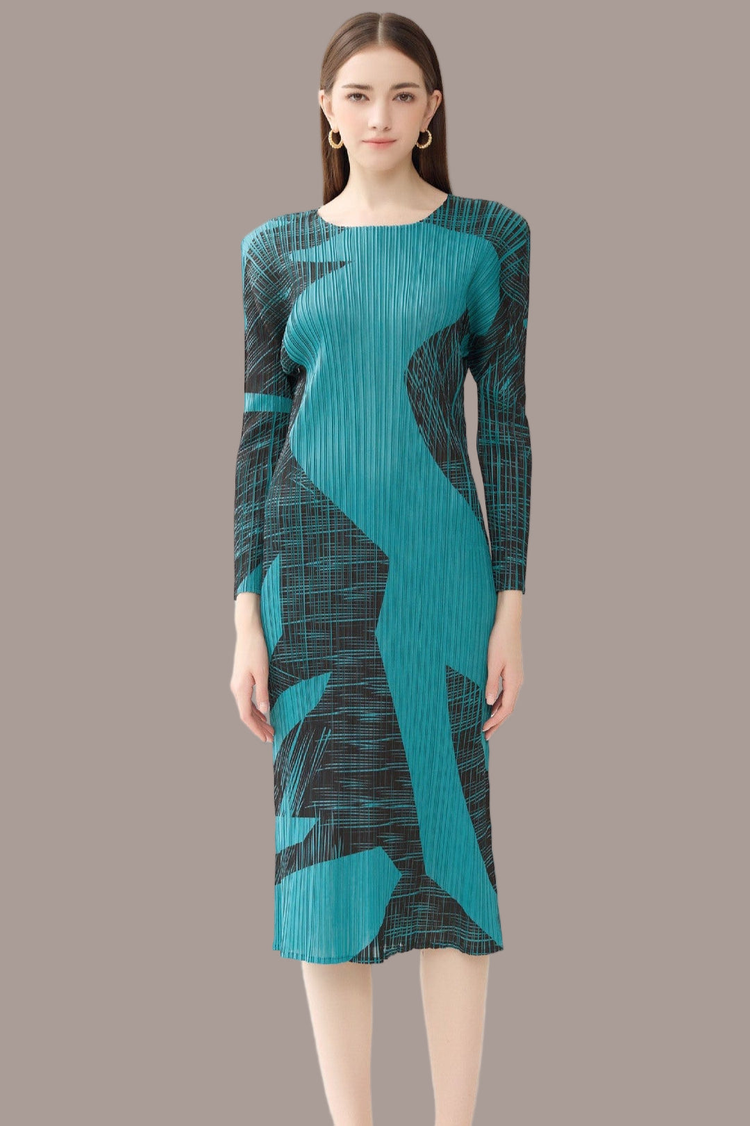 Pleated Gentle Print A-Line Dress – Slim Long Sleeve Elegant Style