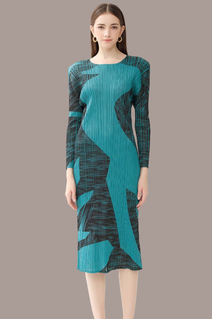 Pleated Gentle Print A-Line Dress – Slim Long Sleeve Elegant Style