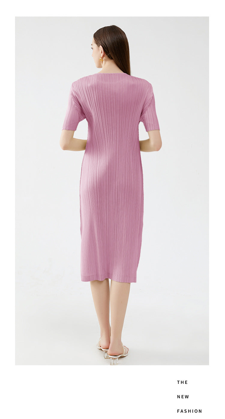 Solid Color Pleated A-Line Dress – Short Sleeve Slim Fit Midi