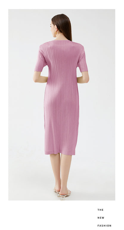 Solid Color Pleated A-Line Dress – Short Sleeve Slim Fit Midi