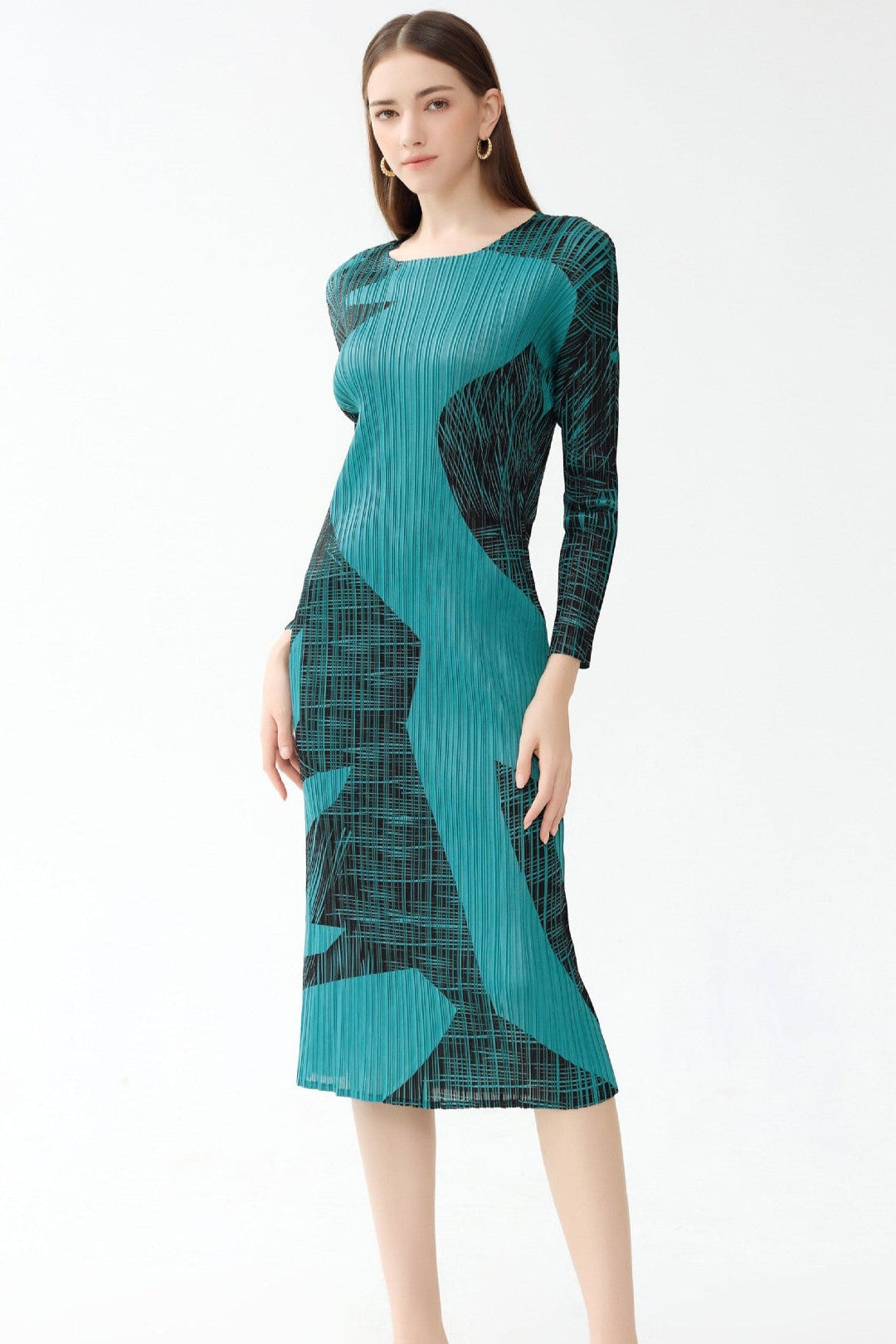 Pleated Gentle Print A-Line Dress – Slim Long Sleeve Elegant Style