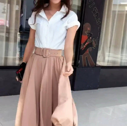 Audrey Hepburn Roman Holiday Retro 1:1 Dress Set – French Vintage White Blouse & 360° Full Flared Skirt Two-Piece Outfit