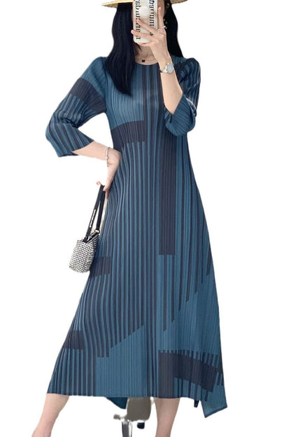 Miyake stripe print vintage dress women's spring and summer high-end pleats waist slimming crew neck bottom long skirt