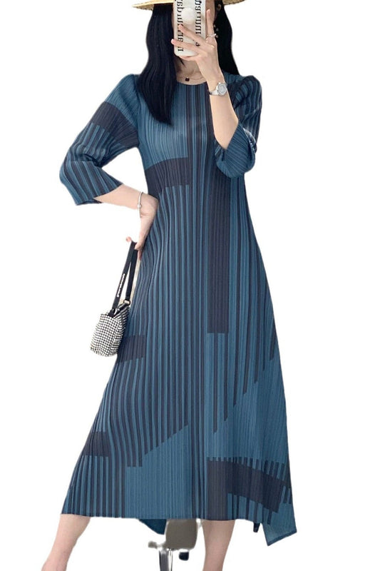 Miyake stripe print vintage dress women's spring and summer high-end pleats waist slimming crew neck bottom long skirt