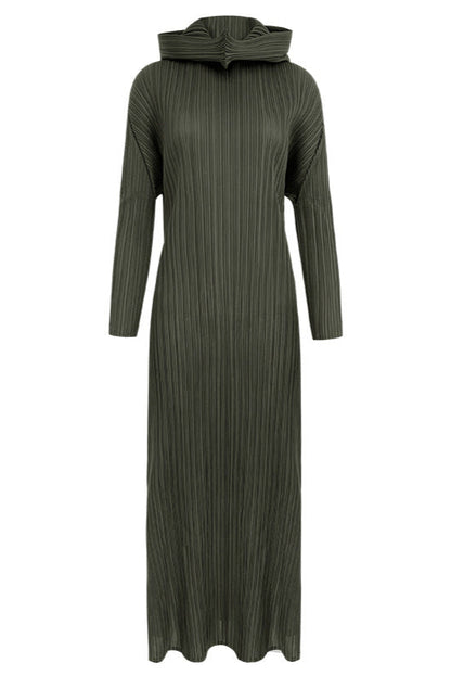 Pleated Hooded A-Line Dress – Solid Color Slim Long Sleeve Winter Style