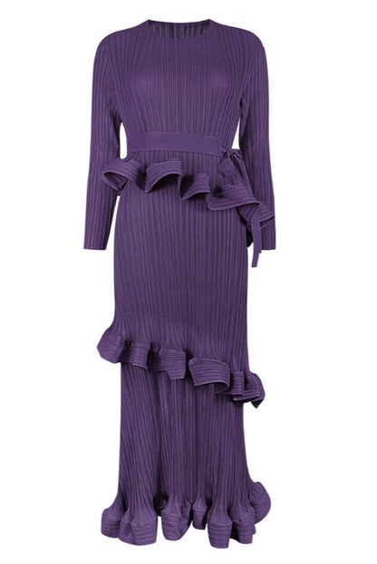 Pleated Ruffled Lace-Up Midi Dress – Slim Long Sleeve Women’s Style