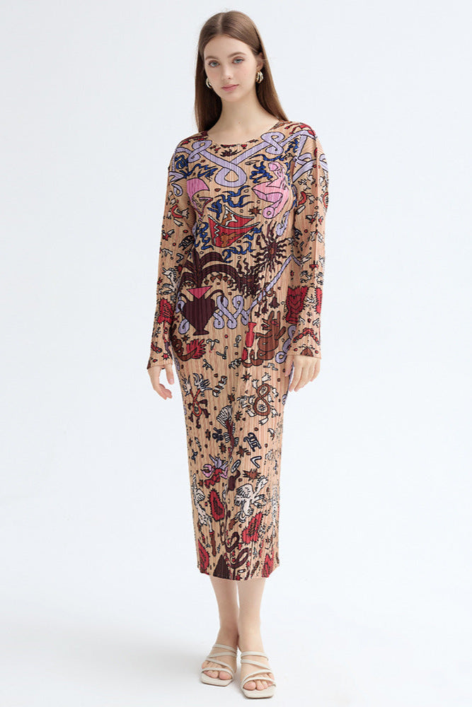Pleated Printed Maxi Dress – Elegant Loose Long Sleeve Style