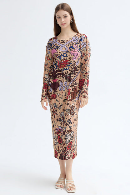 Pleated Printed Maxi Dress – Elegant Loose Long Sleeve Style
