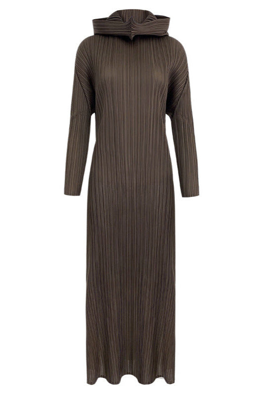 Pleated Hooded A-Line Dress – Solid Color Slim Long Sleeve Winter Style