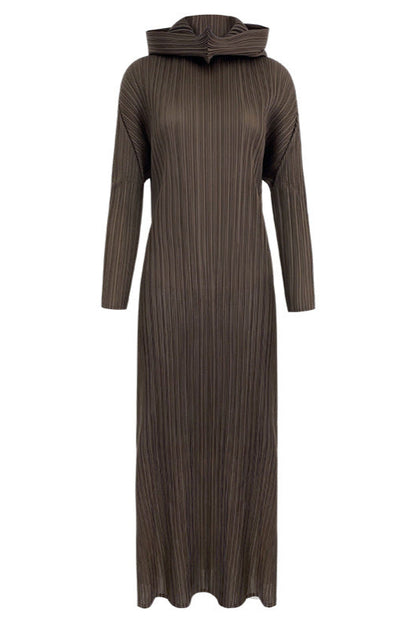 Pleated Hooded A-Line Dress – Solid Color Slim Long Sleeve Winter Style