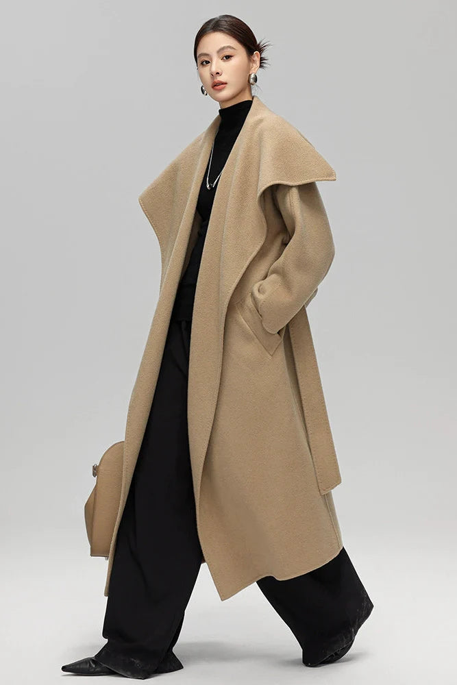 Max Mara Style Double-Face Cashmere Wool Wrap Coat – Elegant Belted Long Coat for Women