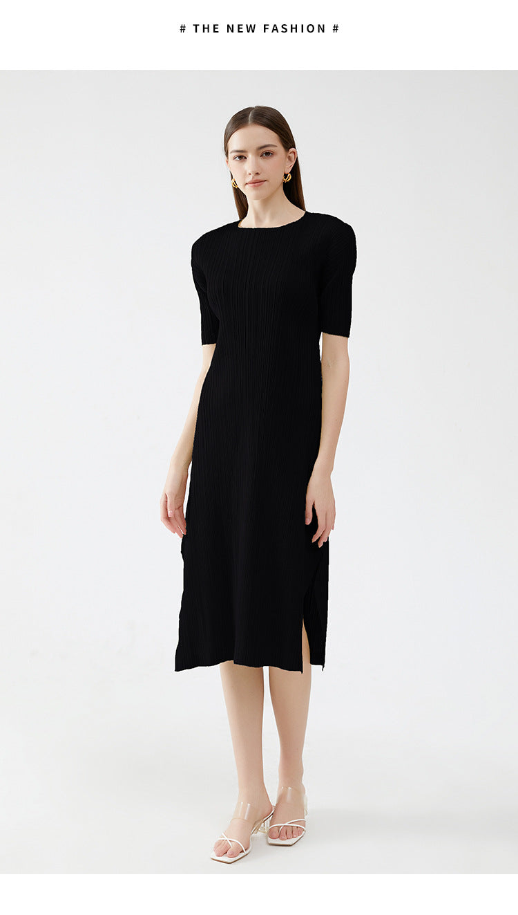 Solid Color Pleated A-Line Dress – Short Sleeve Slim Fit Midi