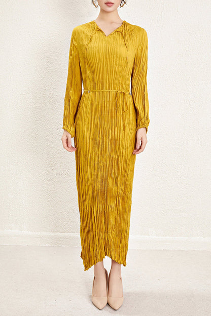 Pleats Please Irregular Pleated Dress – Long-Sleeve Cinched-Waist Elegant Style