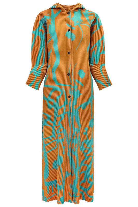 Pleated Printed Hooded Cloak Dress – Long Sleeve Single-Breasted Style