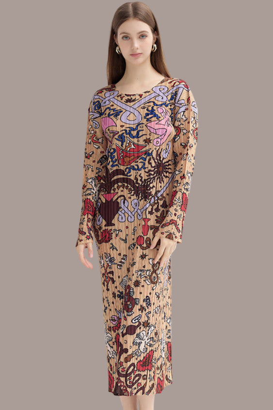 Pleated Printed Maxi Dress – Elegant Loose Long Sleeve Style