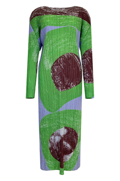 Pleated Vintage Circle Print Midi Dress – Slim Long Sleeve Round Neck