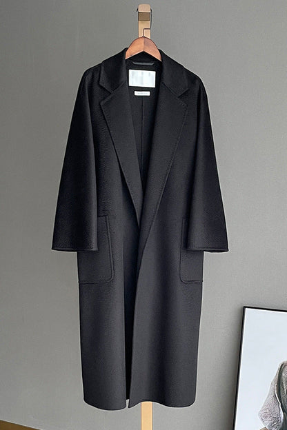 Max Mara Style Wool Wrap Drape Coat – Reversible Water-Ripple Cashmere Design